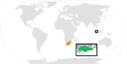 Map indicating locations of Singapore and South Africa