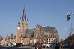 Eeklo city hall, church, and market square