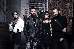 Press photo of Skillet, 2019. From left to right:  Jen Ledger, John Cooper, Korey Cooper and Seth Morrison.