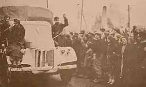 Bulgarian forces entering Skopje in November 1944 after they ejected the Germans from the city. Macedonian sources claim no Bulgarian troops participated in the capture of the city, even as observers. Bulgarian sources maintain they seized the town.