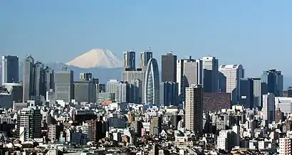 Skyline of Shinjuku, with Mount Fuji in the background