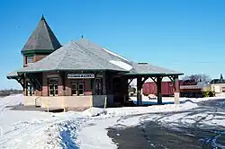 Exterior view of the Smith Falls Railway Station in winter