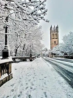 View of Magdalen Bridge in the snow.