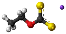 Ball-and-stick model of the component ions of sodium ethyl xanthate