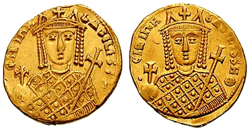 Obverse and reverse of a gold coin, showing the bust of a crowned woman, holding scepter and globus cruciger