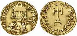 Calvary cross potent on a solidus minted under Tiberius Petasius (c. 730)