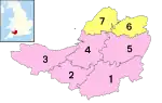 Map of districts of Somerset. North Somerset and Bath and North East Somerset are shown in yellow, while the other districts are in pink.