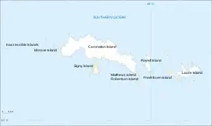  Outline map of a group of irregular-shaped islands the largest of which is labelled "Coronation Island". Laurie Island is shown at the eastern (right) end of the group.