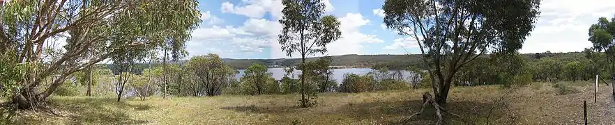 Panoramic view of South Para Reservoir and its bushland surrounds.