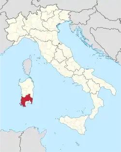 Map highlighting the location of the province of South Sardinia in Italy