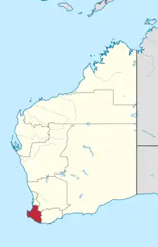 Location of South West region in Western Australia