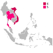 Map shows the number of country which won the tournament by using colour indicator (1985–present).