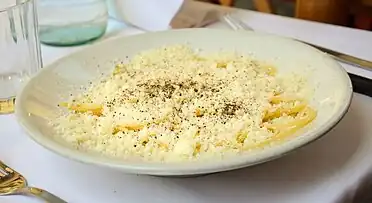 Spaghetti cacio e pepe ("cheese and pepper") at a restaurant in Rome