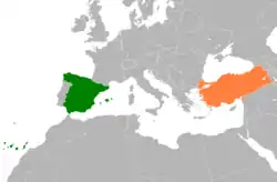 Map indicating locations of Spain and Turkey