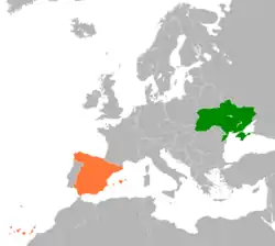 Map indicating locations of Ukraine and Spain