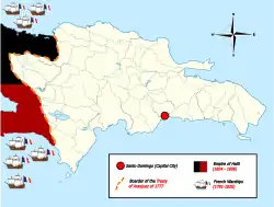 Map of the Spanish colony of Santo Domingo under French control (1795-1809). To the west of the island, on the other side of the border, is the Empire of Haiti (1804-1806).  Although Haiti declared itself free from France, France did not recognize Haiti's independence until 1825 in exchange for 150 million gold francs.