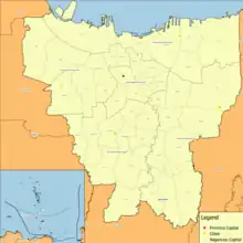 Image 5Map of the administrative cities (Kota administratif) in Jakarta province; the Thousand Islands Regency (to the north) is shown on lower left. Each administrative city is further divided into districts (Kecamatan). (from Jakarta)