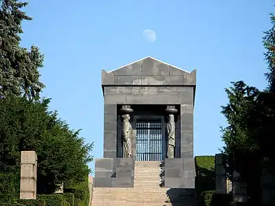 Art Deco caryatids of the Monument to the Unknown Hero, atop Mount Avala, south-east of Belgrade, Serbia, wirhcaryatids representing all the peoples of the Kingdom of Yugoslavia, by Ivan Meštrović, 1934–1938