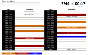 A classic quiz asking the user to name the US Presidents, showing a score of 7/44 with 9:17 left.