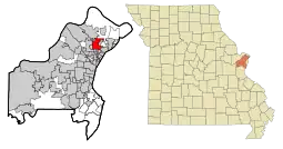 Location within St. Louis County (left) and Missouri (right)