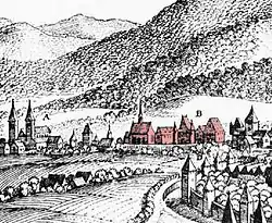 St. Maximin's Abbey (centre) with St. Paulinus' church (left) and city wall of Trier. Engraving by Merian, c. 1646