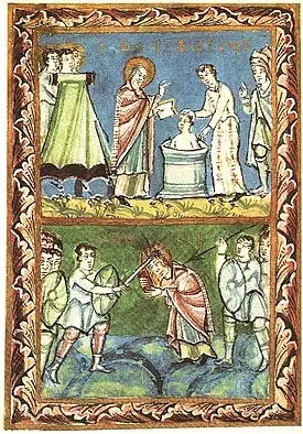 Manuscript page consisting of two images. The top shows a haloed man baptising another man in a font; a third man assists, and onlookers look on approvingly. The bottom shows the same haloed figure attacked by a swordsman who has struck the top of his head with his sword, drawing much blood. A spearman is about to strike the haloed man's back. Other soldiers look on.