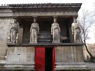 Neoclassical porch with caryatids of the St Pancras New Church, London, almost identical with the Ancient Greek one of the Erechtheum, by William and Henry William Inwood, 1819-1822