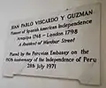 A memorial plaque to Juan Pablo Vizcardo at St. Patrick's Church, London.