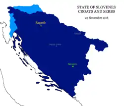 The State of Slovenes, Croats and Serbs in 1918. Istria was a disputed area, officially ceded to Italy by the Treaty of Rapallo. Southern Carinthia and Lower Styria were also disputed areas, with the Treaty of Saint-Germain demarcating the border of the newly-created Kingdom of Serbs, Croats and Slovenes with Austria.