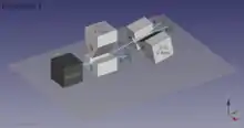 3D model of 2 S-G analyzers in sequence, showing the path of neutrons. The first one measures the z-axis spin, and the second one the x-axis spin.