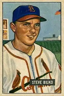 A baseball card illustrating a man in a white baseball jersey and blue cap