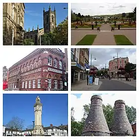 From top left: Stoke Minster in Stoke-upon-Trent, Trentham Gardens, Wedgwood Institute, Tower Square in Tunstall, Bottle Kilns in Burslem and Stoke City Centre (Aka Hanley).