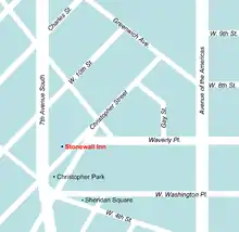 A color digital map of the Greenwich Village neighborhood surrounding the Stonewall Inn in relation to the narrow and diagonal streets that make small triangular and other oddly shaped city blocks