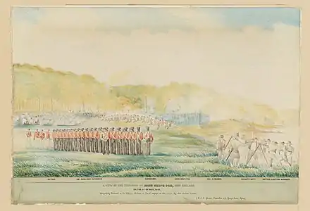 Hone Heke's pā, Puketutu, under attack by British forces, 8 May 1845. Artist: Copy after John Williams, 58th Regt, 1845.State Library of New South Wales