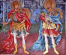 SS Theodore of Amasea (left) and Theodore of Heraclea (right) in a fresco at Rila Monastery, Bulgaria (c. 19th cent.)