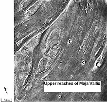 Streamlined islands seen by Viking showed that large floods occurred on Mars. Image is of a small part of the Maja Valles and is located in Lunae Palus quadrangle.