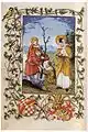 St Odile depicted with St Christopher.  Illumination from the Book of Hours of Christopher I, Margrave of Baden-Baden, c. 1519.