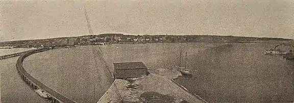 View of the curved railroad bridge at Sturgeon Bay; from a postcard published in 1907 or earlier