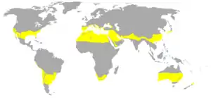 A map of the world, with subtropical climates highlighted