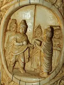 Suddhodhana welcoming Buddha at Kapilavastu