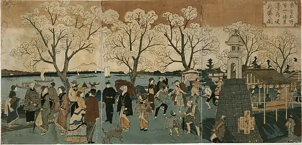 A triptych print showing Japanese and foreign people walking along the Sumida River among cherry trees in full bloom.