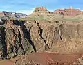 Zoroaster Temple (upper right) and Sumner Butte (center) rise above Colorado River and Vishnu Basement Rocks