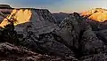 Twin Brothers left with its East Face lit up, Mountain of the Sun (without sun), and The West Temple (upper right) at sunrise