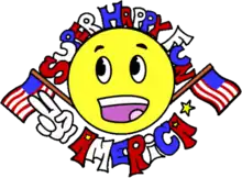 Yellow cartoon smiley face surrounded with two American flags and the words "Super Happy Fun America" in red, white, and blue block letters