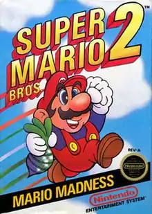 Mario jumps into the air holding a turnip, with the game's logo on the top and the tagline "Mario Madness" on the bottom.