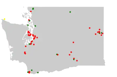 Outline of map of Washington with colored dots representing the location of Superfund sites in the state