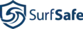 The words "SurfSafe" in blue text in a sans serif typeface, with the "Safe" in boldface. On the left is a shield shape filled with what appear to be ocean waves.