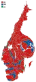 Cartogram of the map to the left with each municipality rescaled to the number of valid votes cast.