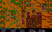 A battle, represented in digital format, takes place at a river intersection next to a small fortified city.  Trees, hills, brushes dot the area.  Simple colorful icons, representing monsters and soldiers, are arrayed among the terrain.  In certain locations, several icons are stacked as a pile.  A menu, displaying a list of commands, lies at the bottom of this image.