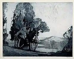 Sydney Long, Hawkesbury Landscape, са. 1928, аquatint printed in dark blue ink.